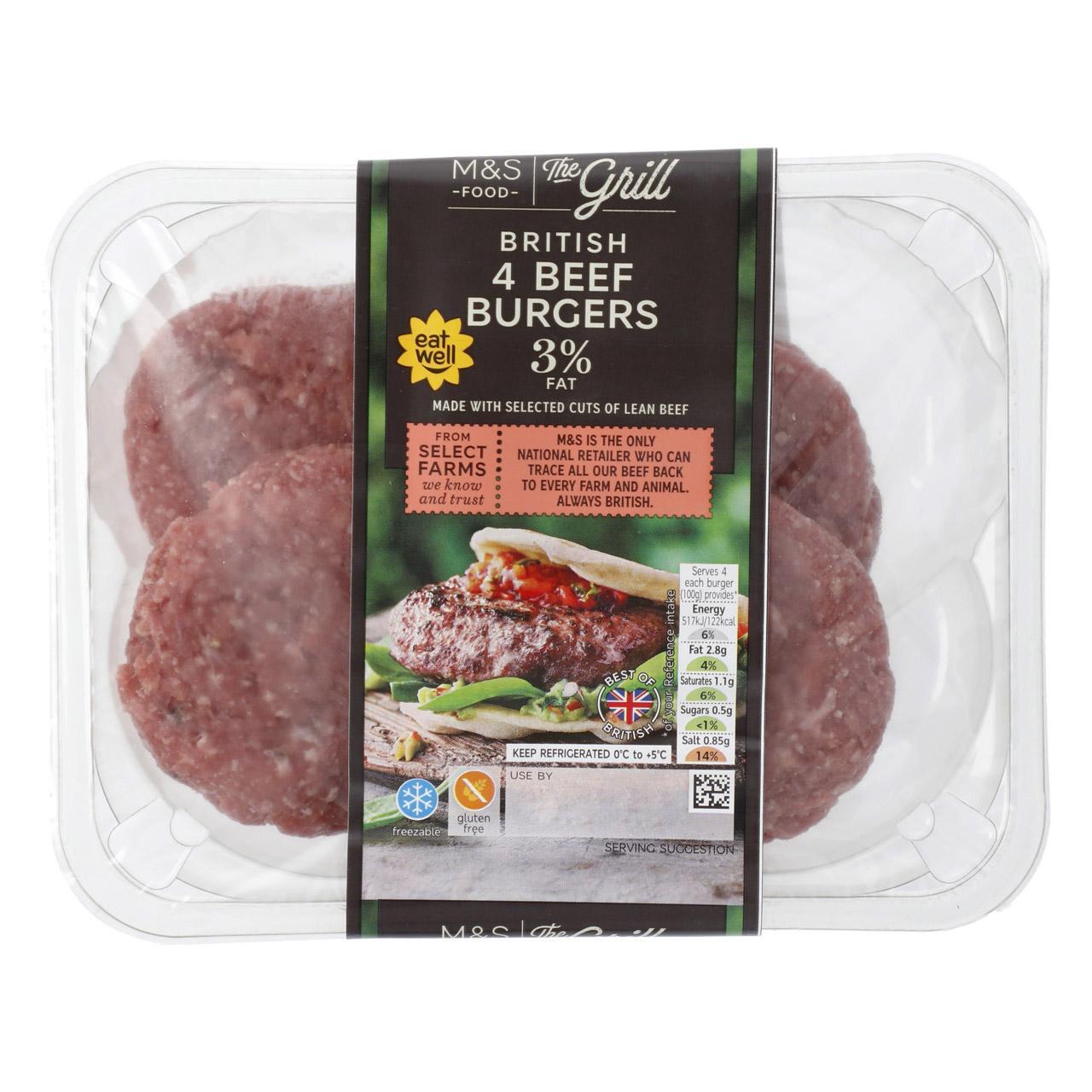 M&S Select Farms 4 British Beef Burgers 3% Fat