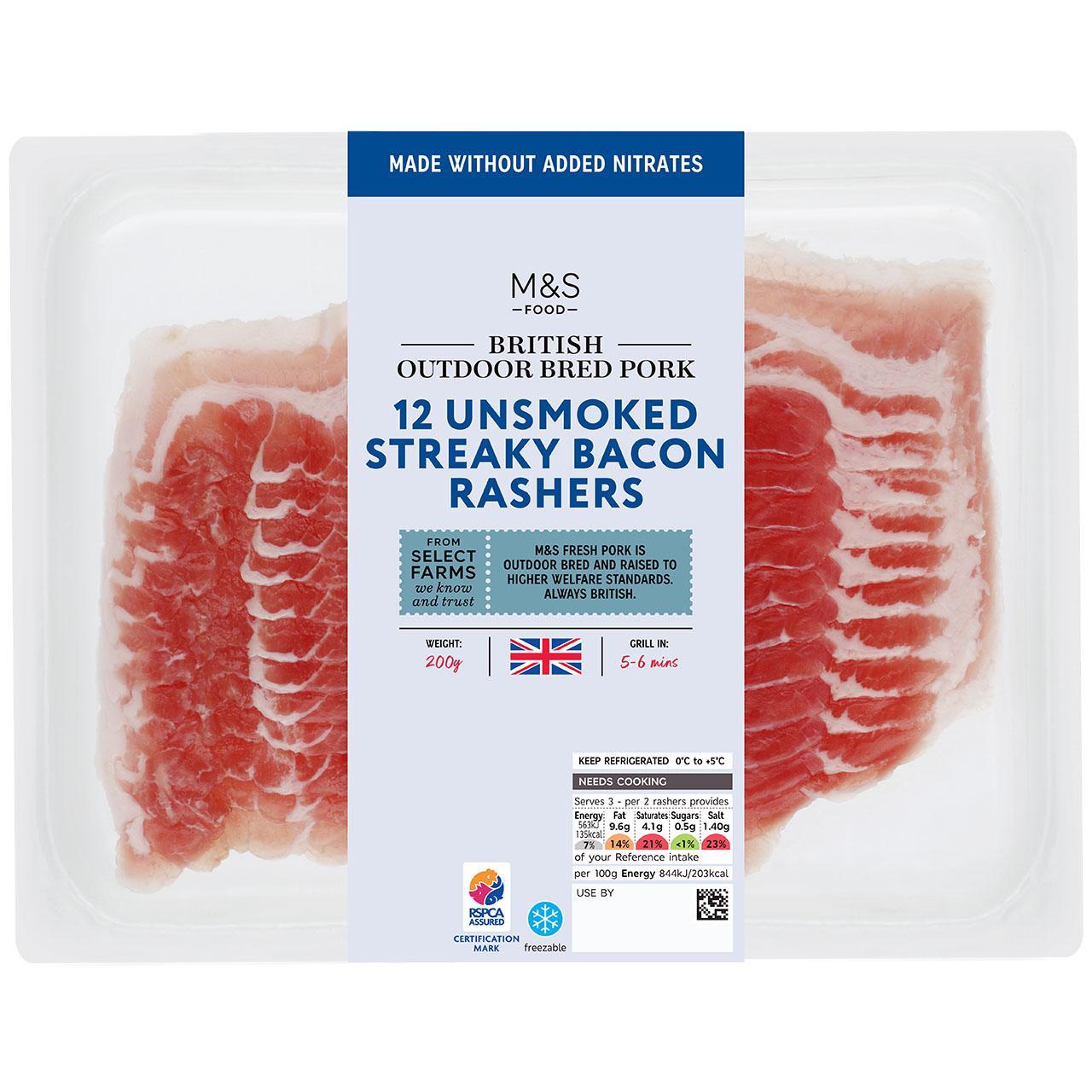 M&S British 12 Unsmoked Streaky Bacon Rashers 