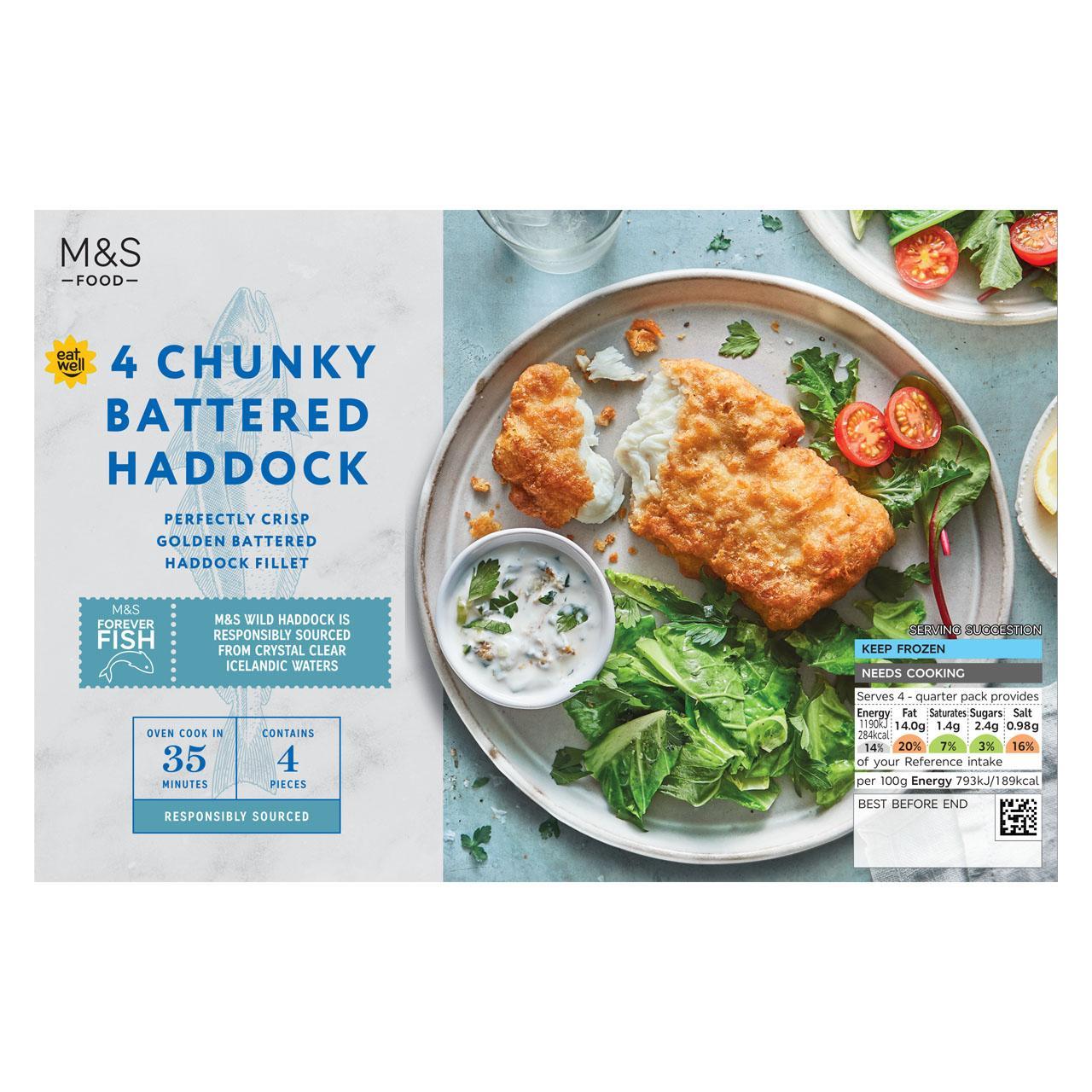 M&S 4 Battered Chunky Haddock Fillets Frozen