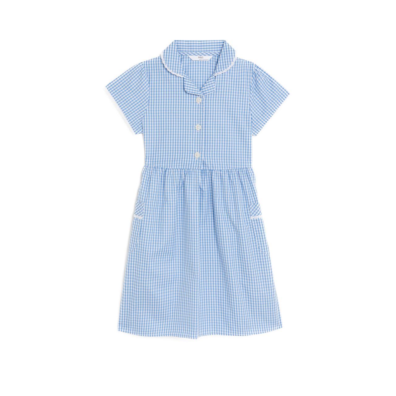 M&S Girls Pure Cotton Gingham School Dress, 9-10 Years, Light Blue