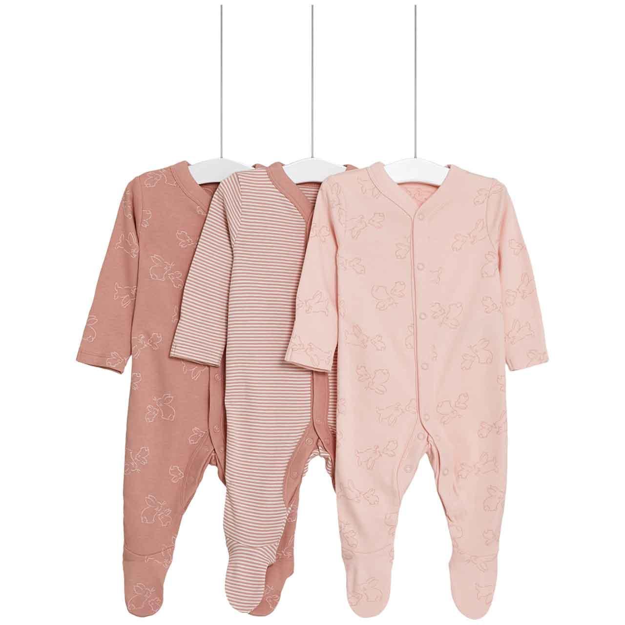 M&S Girls Pure Cotton Bunny & Striped Sleepsuits, Newborn, Pink, 3 Pack