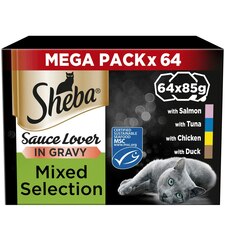 64 x 85g Sheba Sauce Lover Adult Wet Cat Food Trays Mixed Selection in Gravy