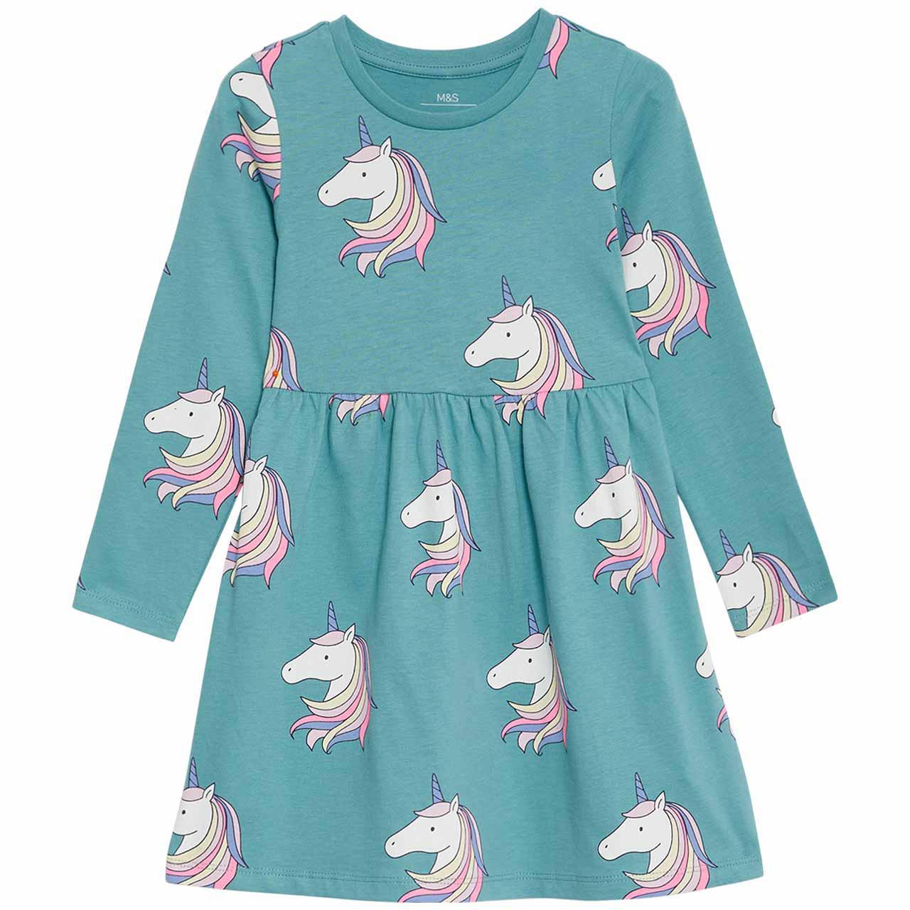 M&S Printed Unicorn Dress, 2-3 Years, Green