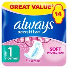 Always Sensitive Normal Size 1 Sanitary Towels With Wings 14 Pack