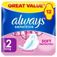 Always Sensitive Long Size 2 Sanitary Towels With Wings 12 Pack