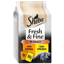 Sheba Fresh & Fine Wet Cat Food Pouches Chicken & Turkey in Gravy  6 x 50g