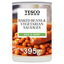 Tesco Baked Beans & Vegetarian Sausages In Tomato Sauce 395G