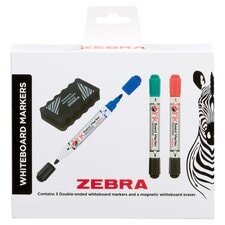 Zebra 3 Pack Whiteboard Double Ended 3Pk+Eraser