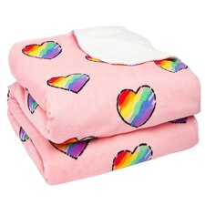 Dreamscene Rainbow Hearts Sherpa Fleece Blanket, 150x180cm - Blush Pink