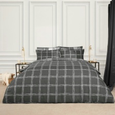 OHS Reversible Tartan Check Print Duvet Quilt Cover and Pillowcase Set, King - Grey