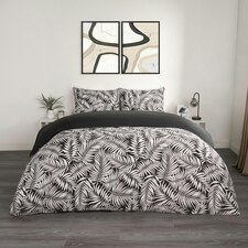 OHS Tropical Leaf Print Reversible Plain Duvet Quilt Cover Bedding Set, Single - Black/White