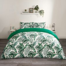 OHS Tropical Leaf Print Reversible Plain Duvet Quilt Cover Bedding Set, Single - Forest Green/White