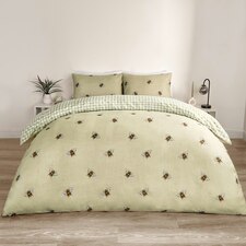 OHS Bee Check Reversible Print Duvet Quilt Cover Bedding Set, Single - Sage Green