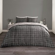 OHS Line Check Print Reversible Microfibre Duvet Cover and Pillowcase Set, Single - Black/Charcoal