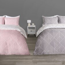 OHS Geometric Print Reversible Microfibre Duvet Cover Twin Pack Bedding Set, Single - Blush Pink/Grey