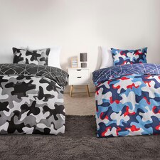 OHS Camo Geo Print Reversible Microfibre Duvet Cover Twin Pack Bedding Set, Single - Blue/Grey