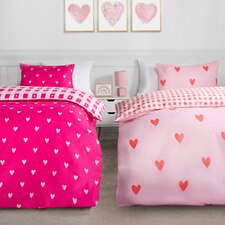 OHS Heart Gingham Print Reversible Microfibre Duvet Cover Twin Pack Bedding Set, Junior - Coral/Pink