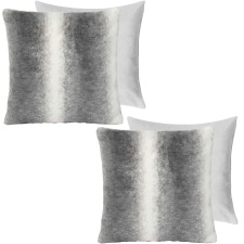 OHS 2 x Faux Fur Striped Patterned Filled Cushions, 45x45cm - Grey