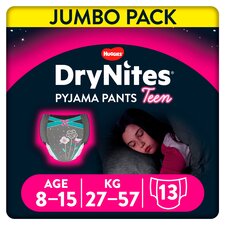 Huggies DryNites Girls Pyjama Pants, 8-15 Yrs (27-57kg) Jumbo Pack