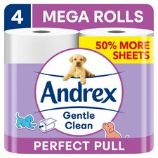 Andrex Gentle Clean Toilet Tissue Perfect Pull 50% more sheets 4 Mega Rolls