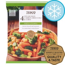 Tesco 4 Steam Bag Carrots Broccoli & Sweetcorn 640G