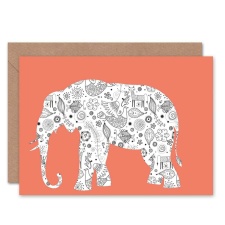 Wee Blue Coo Elephant Folk Art Pattern Silhouette Animal Greeting Art Card