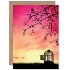 Wee Blue Coo Goodbye Travel Freedom Bon Voyage Open Cage Pink Greeting Card