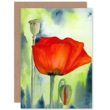 Artery8 Poppy Flower Bloom and Bud Floral Watercolour Painting Greeting Card