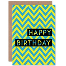 Wee Blue Coo Zig Zag Stripes Retro Blue Yellow Birthday Greeting Card