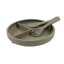 Tiny Dining Baby Silicone Suction Plate, Fork & Spoon Set - Silver Sage