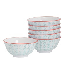 Nicola Spring Hand-Printed Cereal Bowls - 16cm - Turquoise - Pack of 6