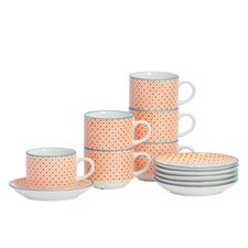 Nicola Spring 12 Piece Hand-Printed Stacking Teacups & Saucers Set - 260ml - Orange