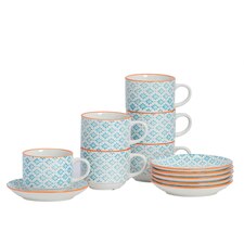 Nicola Spring 12 Piece Hand-Printed Stacking Teacups & Saucers Set - 260ml - Blue