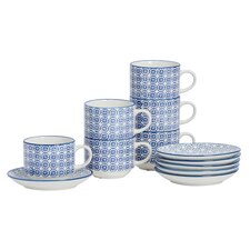 Nicola Spring 12 Piece Hand-Printed Stacking Teacups & Saucers Set - 260ml - Navy