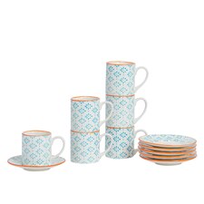 Nicola Spring 12 Piece Hand-Printed Espresso Cup & Saucer Set - 65ml - Blue