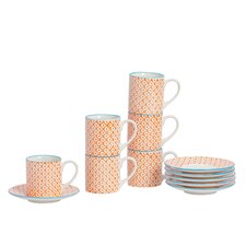 Nicola Spring 12 Piece Hand-Printed Espresso Cup & Saucer Set - 65ml - Orange