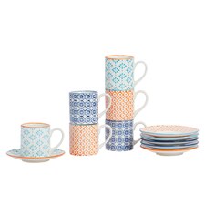 Nicola Spring 12 Piece Hand-Printed Espresso Cup & Saucer Set - 65ml - 3 Colours