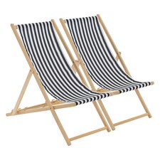 Harbour Housewares Folding Wooden Deck Chairs - Black Stripe - Pack of 2