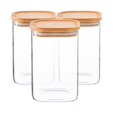 Argon Tableware Square Glass Storage Jars with Wooden Lids - 1.1 Litre - Pack of 3