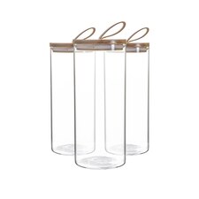 Argon Tableware Glass Storage Jars with Wooden Lids - Leather Loop - 1.5 Litre - Pack of 3