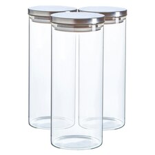 Argon Tableware Glass Storage Jars with Metal Lids - 1.5 Litre - Silver - Pack of 3