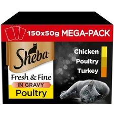 150 x 50g Sheba Fresh & Fine Adult Wet Cat Food Pouches Mixed Poultry in Gravy