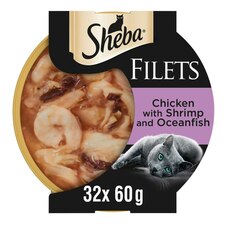 32 x 60g Sheba Fillets Adult Wet Cat Food Trays Chicken, Shrimp & Fish in Gravy