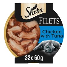 32 x 60g Sheba Fillets Adult Wet Cat Food Trays Chicken and Tuna in Gravy