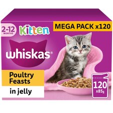 120 x 85g Whiskas Kitten Poultry Feasts Mixed Wet Cat Food Pouches in Jelly