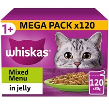 120 x 85g Whiskas 1+ Mixed Menu Mixed Adult Wet Cat Food Pouches in Jelly