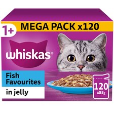 120 x 85g Whiskas 1+ Fish Favourites Mixed Adult Wet Cat Food Pouches in Jelly