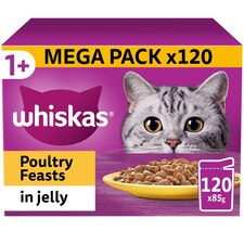 120 x 85g Whiskas 1+ Poultry Feasts Mixed Adult Wet Cat Food Pouches in Jelly