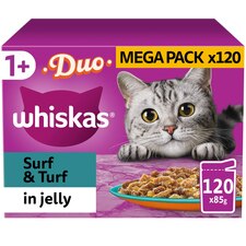 120 x 85g Whiskas 1+ Duo Surf & Turf Mixed Adult Wet Cat Food Pouches in Jelly