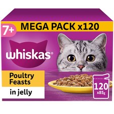 120 x 85g Whiskas 7+ Poultry Feasts Mixed Senior Wet Cat Food Pouches in Jelly